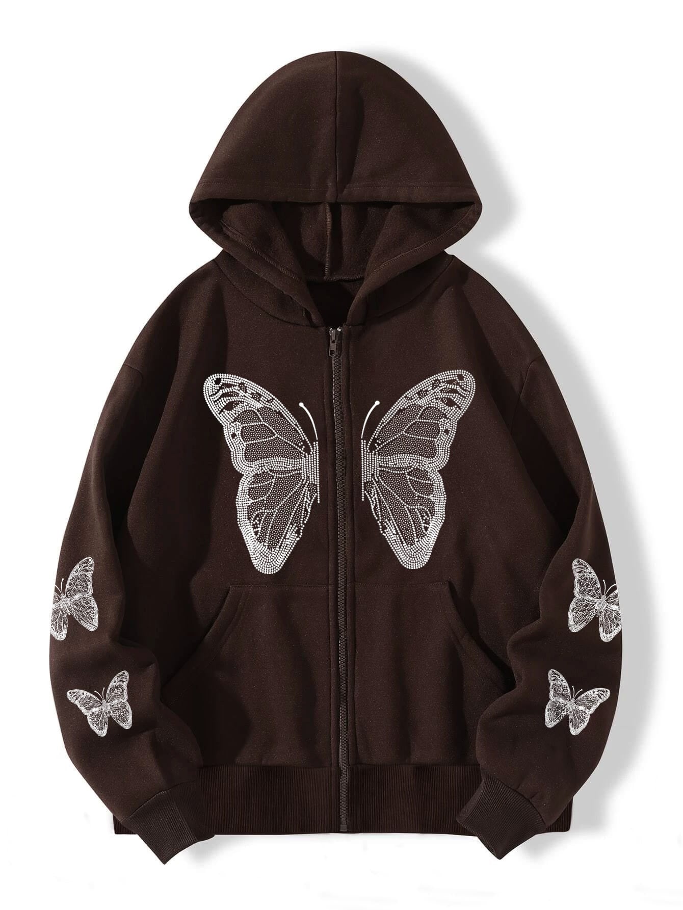 Front hero view of the rhinestone butterfly full-zip hoodie