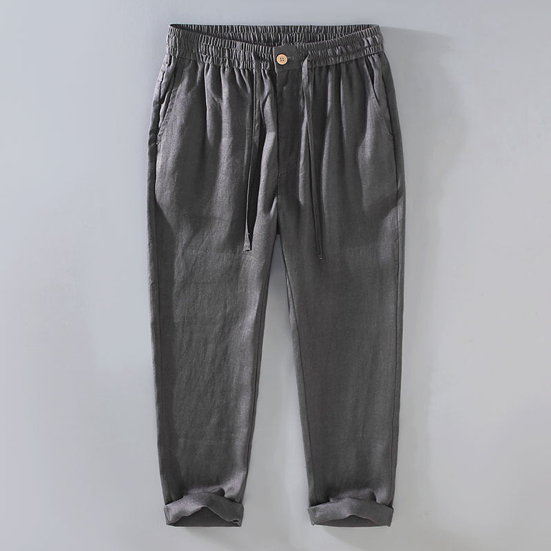Pure linen mens drawstring straight leg trousers in original hemp, hem detail