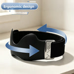 Black silicone knee strap with a curved notch, grey elastic strap and metal buckle, blue arrows showing the length