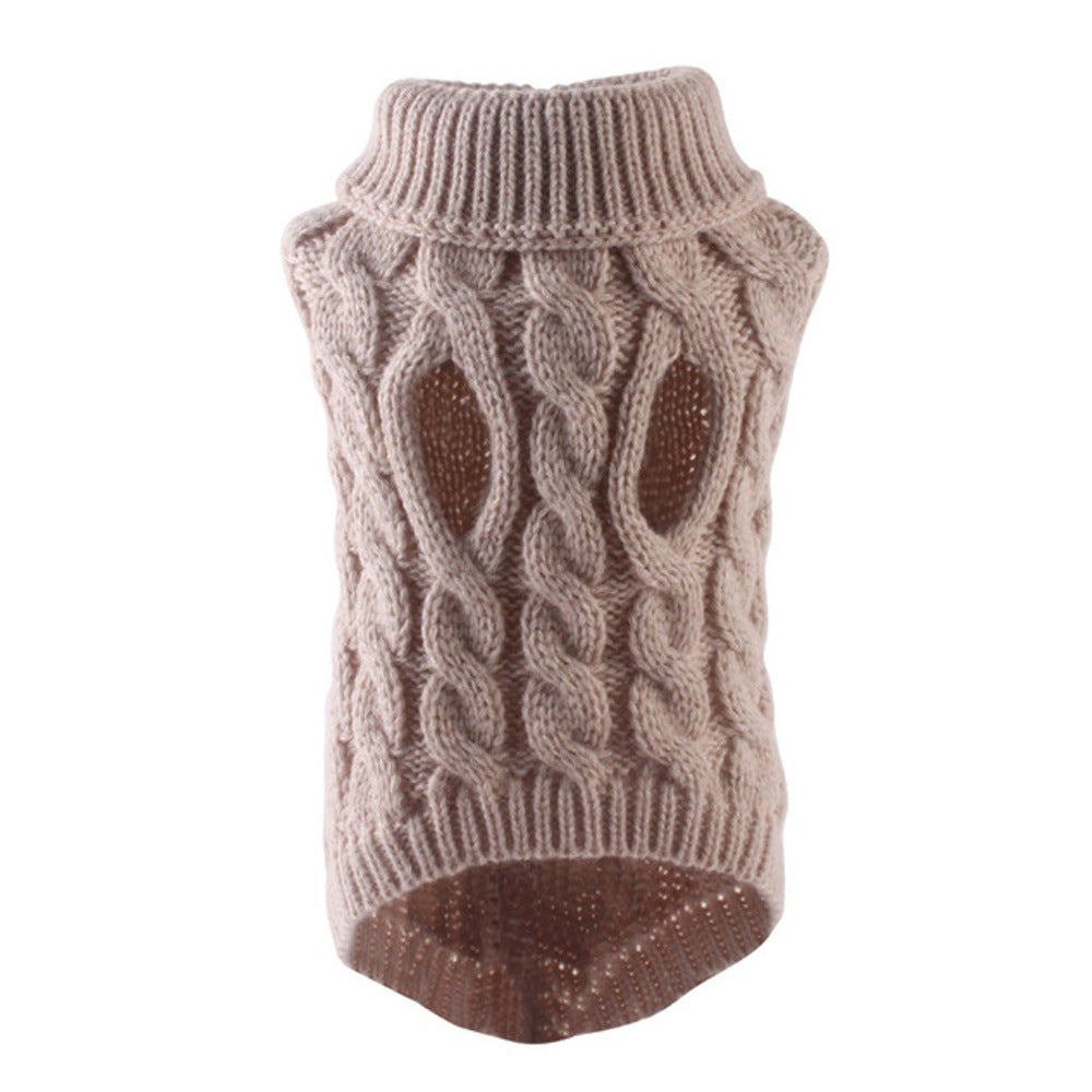 Khaki cable knit dog sweater with a ribbed turtleneck shown on a small dog
