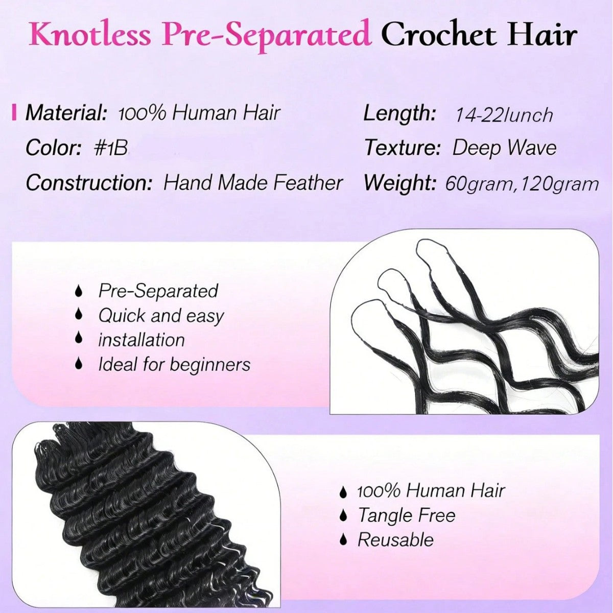 Maker specification panel listing material, colour, length, texture and weight for the pack