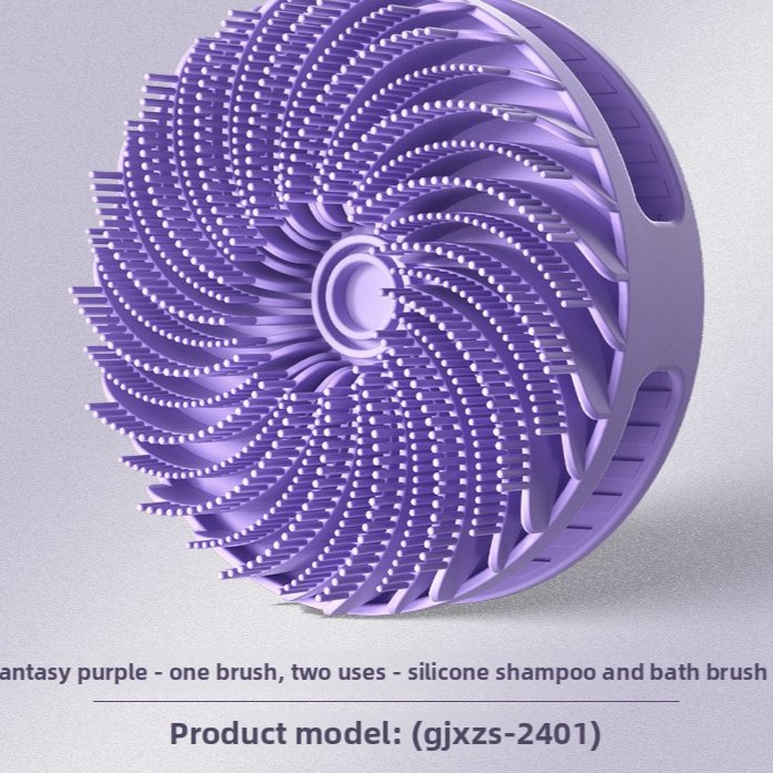Fantasy purple silicone scalp brush with soft swirling bristles and a palm grip