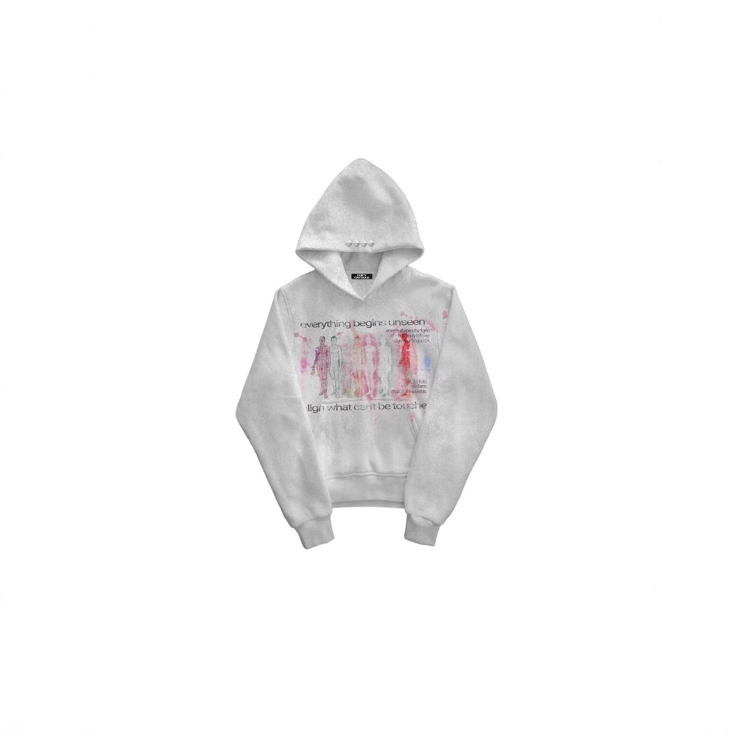 Side profile of the white art graffiti hoodie and hood