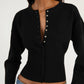 Grey rib knit cardigan with the collarless round neck at the top