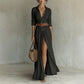 Black long shirt dress with collar, button front and brown belt, close view for size XL