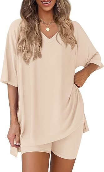 Apricot milk silk V neck loungewear set, oversized top and matching shorts, size S