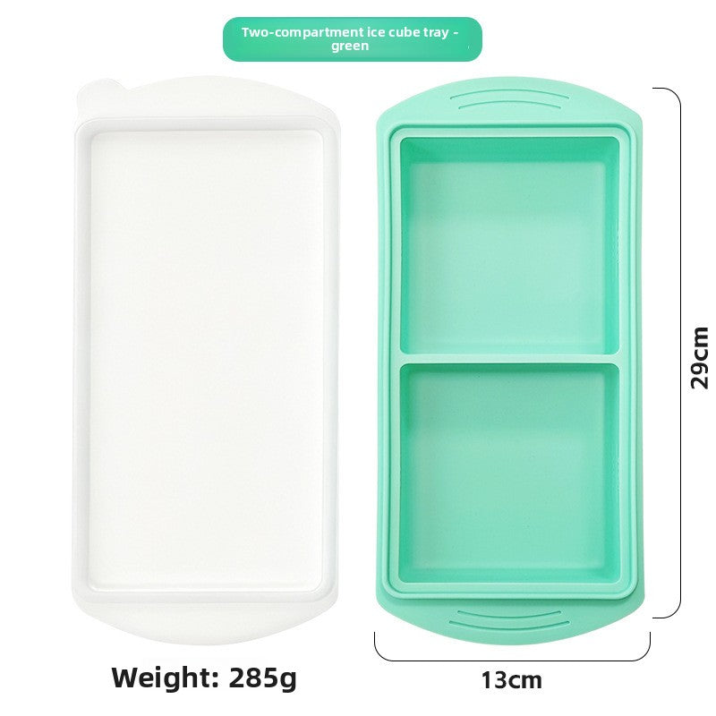 Two compartment silicone tray beside its white lid, 29 cm long, 285 g, option 2 Cavities 29 cm Tray, Mint Green