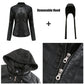Black PU leather jacket with a detachable knit hood shown separately, with hood and zipper close-ups