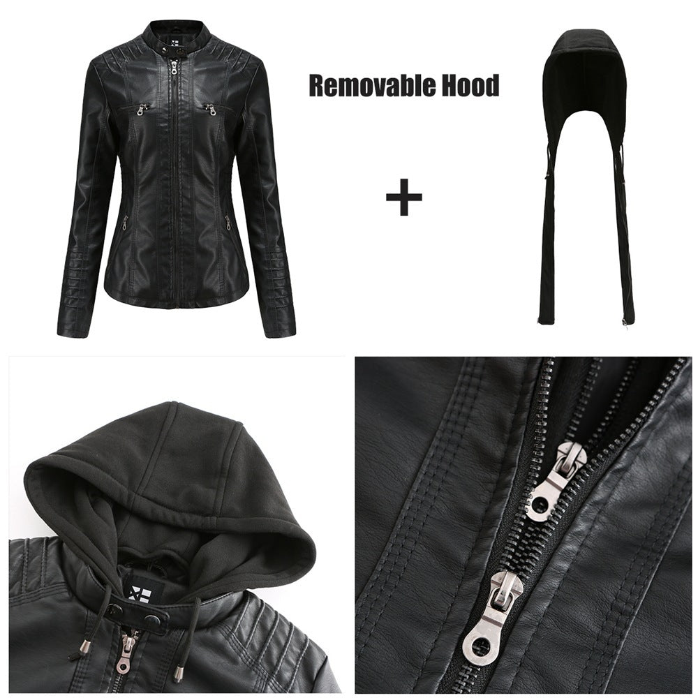 Black PU leather jacket with a detachable knit hood shown separately, with hood and zipper close-ups