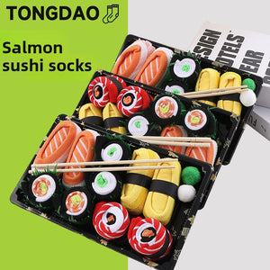 Womens food pattern cotton crew socks rolled and boxed to look like a sushi tray, a novelty gift set
