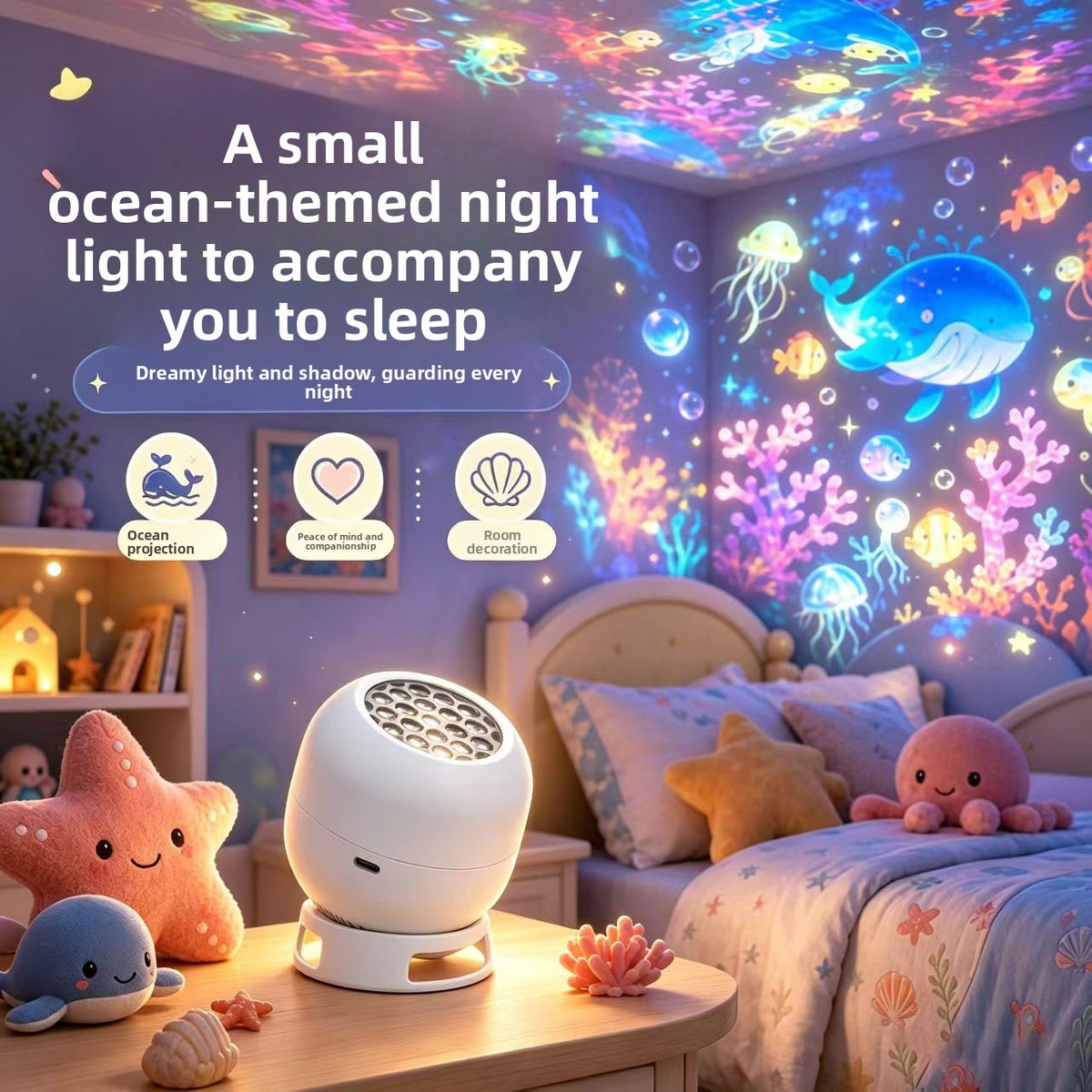 White projector light on a bedside table throwing whale and jellyfish patterns on a bedroom wall, Ocean plug-in model