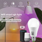 White smart RGB bulb beside voice speakers with icons for colour, timer and dimming