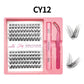 Lash cluster style CY12 in a 10 row tray with dual-ended glue pen, tweezers and a close-up of the cluster shape