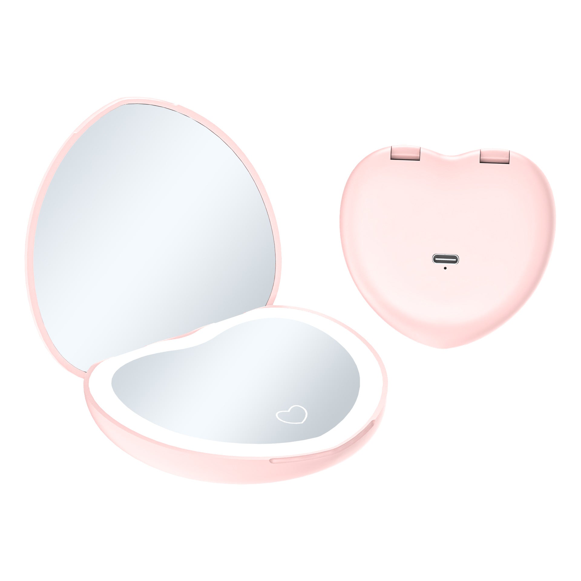 Pink heart shaped LED makeup mirror shown open with a lit magnified mirror and closed back