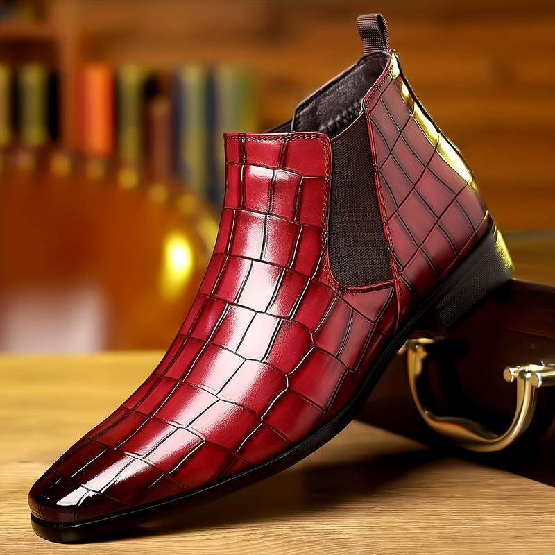Plaid burgundy variant, size 49: burgundy plaid grid ankle boot with an elastic side panel on a brass-fitted wooden case