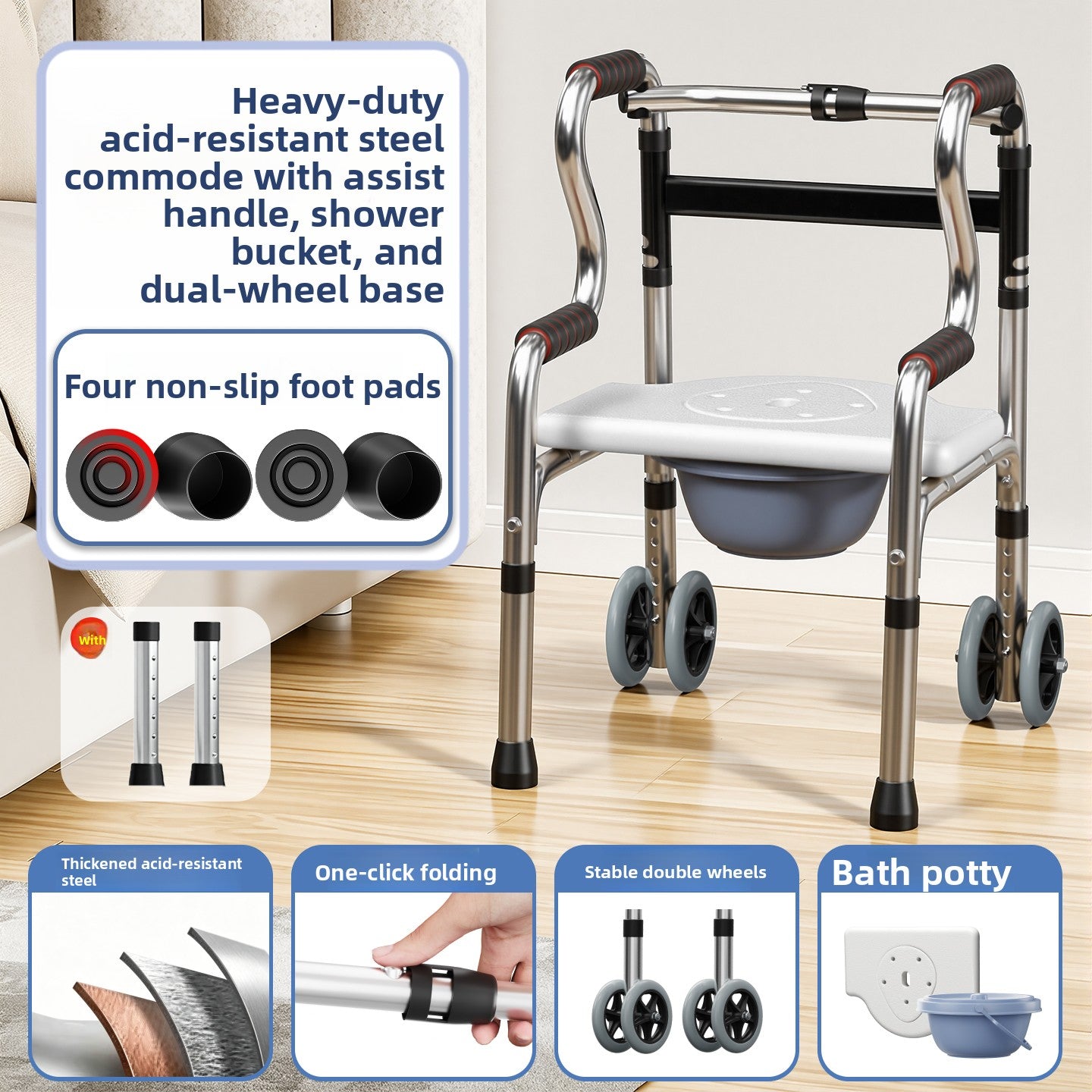 Steel walking frame with commode bucket, shower seat and a dual castor base