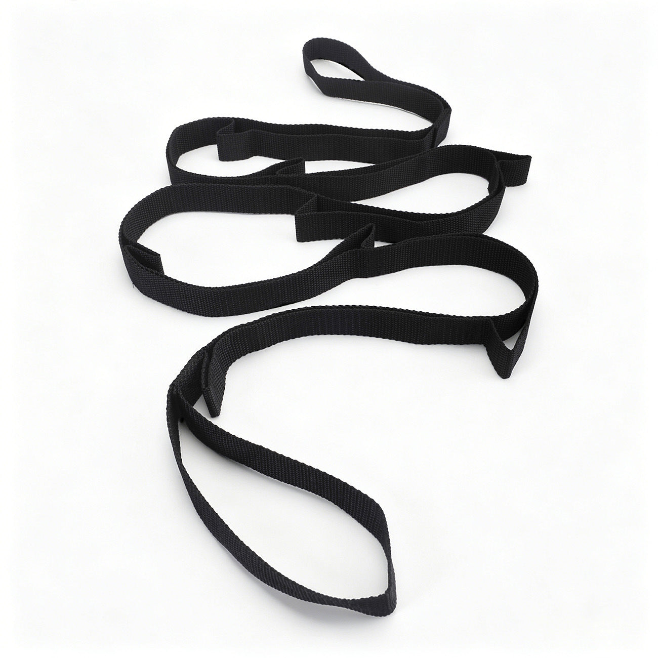 Close up of the sewn loops along the elastic yoga stretch strap