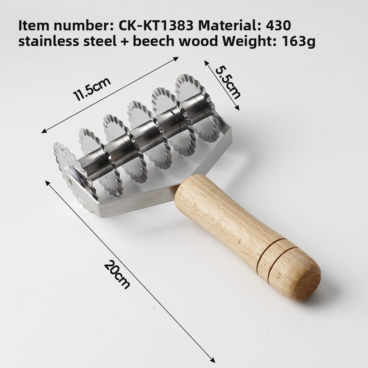 Six-wheel stainless steel cookie roller cutter with scalloped wheels and wooden handle showing 11.5 and 20 cm sizes