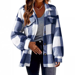 Plush buffalo check fleece shacket with spread collar and buttoned flap chest pocket, styled look