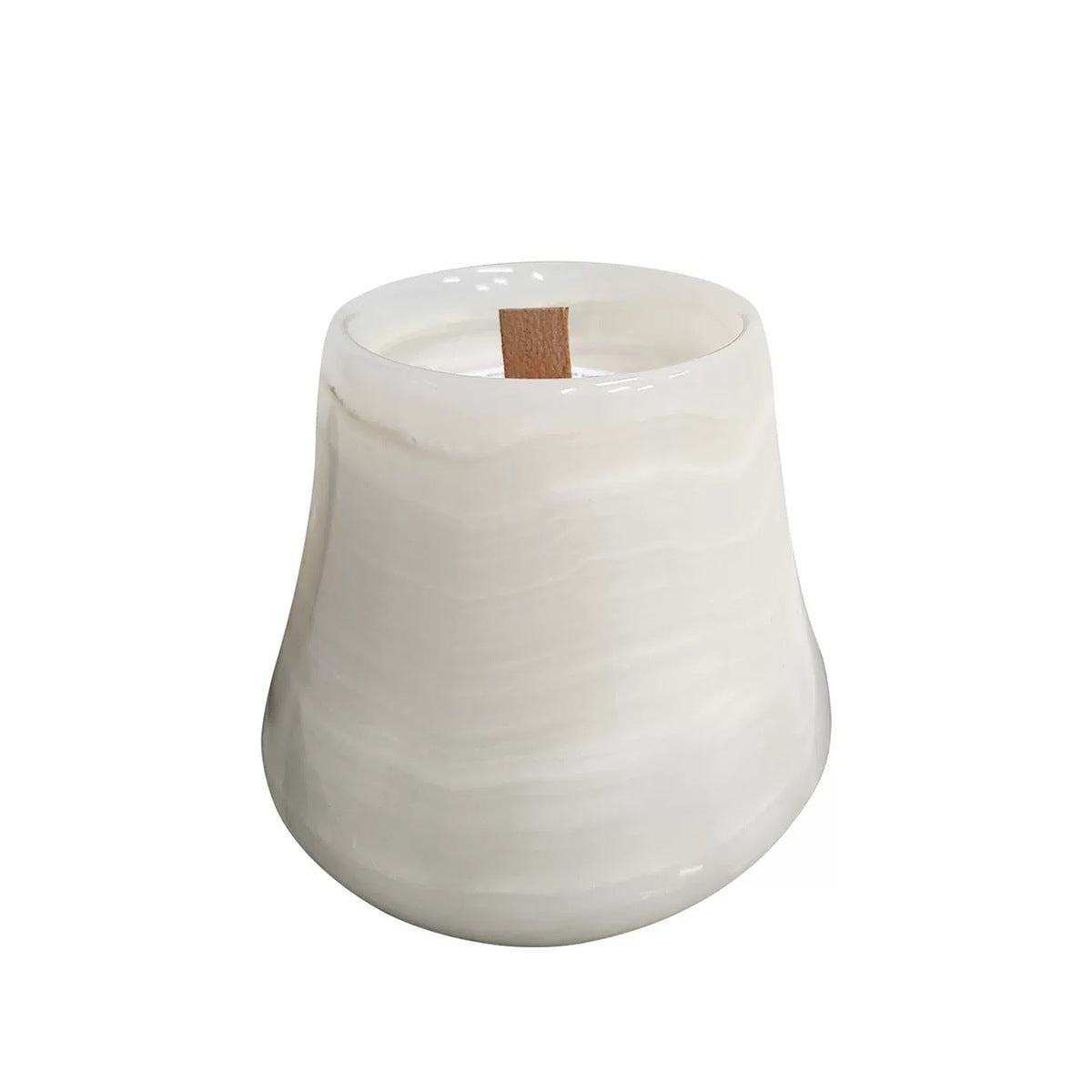 White jade marble candle cup holding a poured candle with a short flat wooden wick