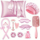 Pink 13 piece set with pillowcase, bonnet, curling rod, clip, eye masks, scrunchies, roller, gua sha, pouch and brush