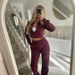 Womens two piece lounge set, a front zip jacket and straight leg drawstring pants in a soft sweat knit