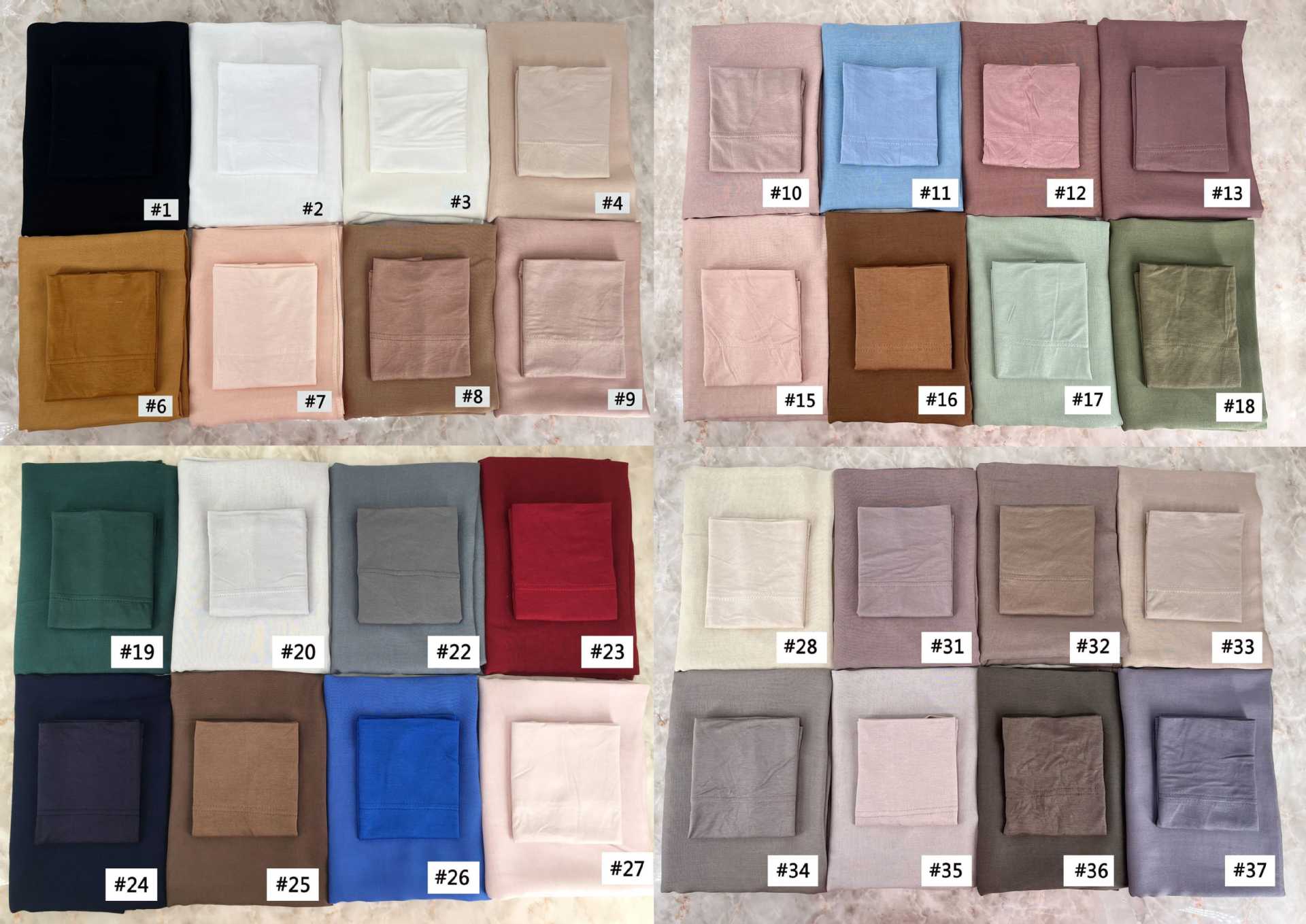 Color chart showing the modal hijab and undercap set in thirty seven solid shades