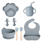 Dark blue gray 8-piece set 2 with a paw plate, a cup with a straw, a bowl, utensils and a bib
