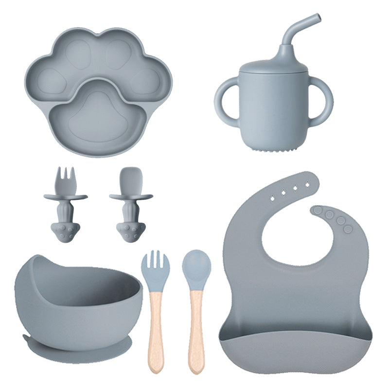 Dark blue gray 8-piece set 2 with a paw plate, a cup with a straw, a bowl, utensils and a bib