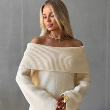 Womens Off-Shoulder Fold-Over Neck Knit Sweater