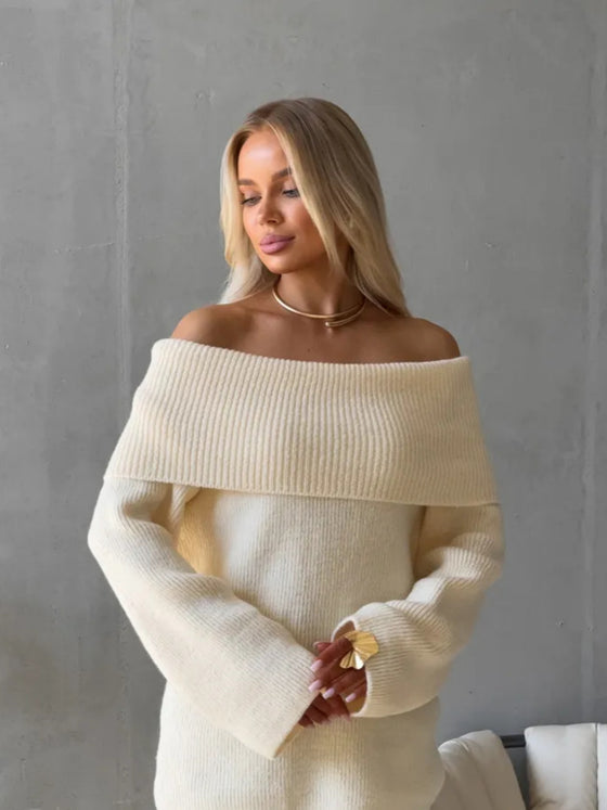 Womens Off-Shoulder Fold-Over Neck Knit Sweater