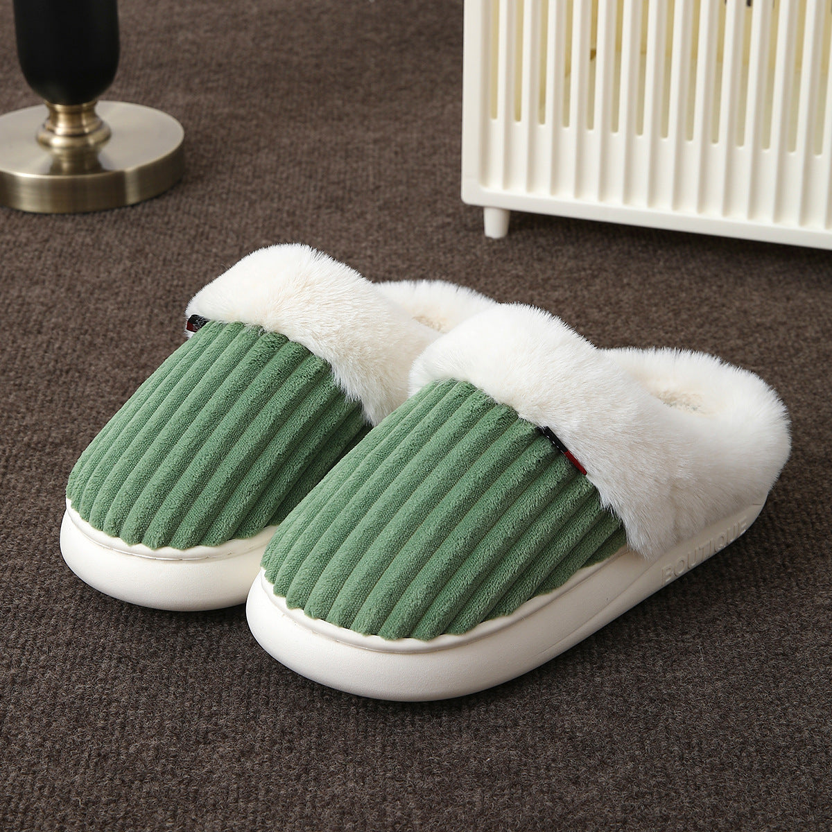 Plush lined slip on slippers with a thick white platform sole and open heel
