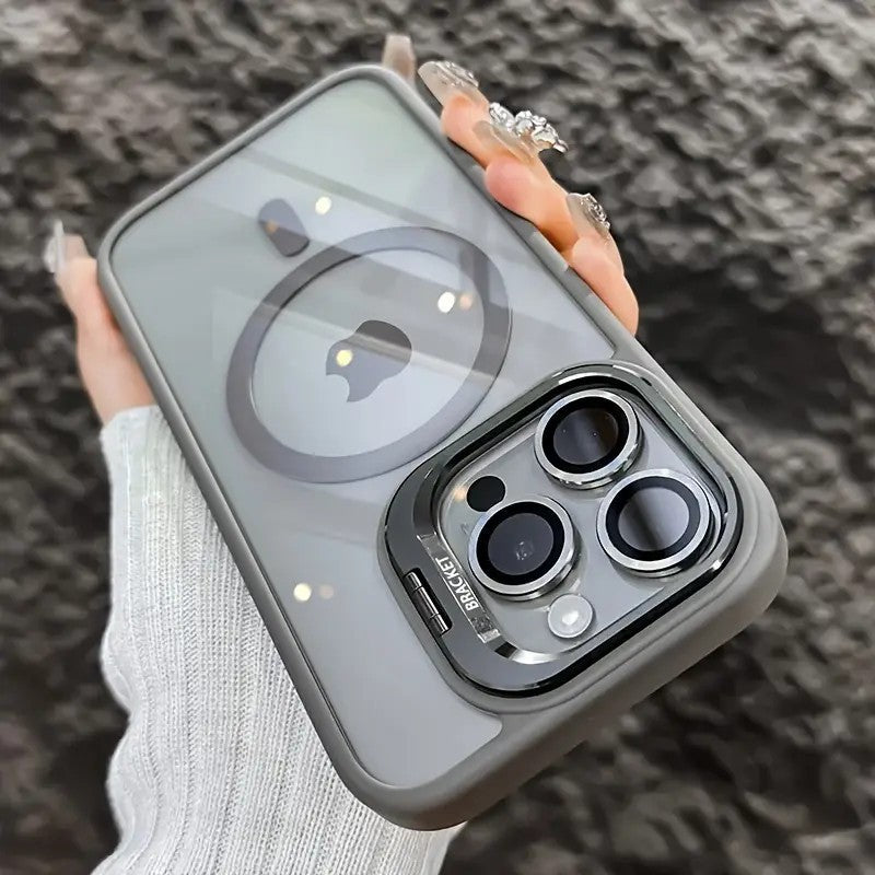Magnetic protective translucent phone case with a fold out camera stand compatible with iPhone