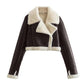 Cropped vegan leather sherpa jacket worn open, wide lapels and fleece trim framing the front