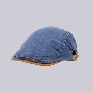 Black washed denim flat cap with an adjustable buckle back strap and short peak