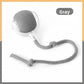 Grey silicone rolling cat ball with a knotted grey rope tail, labelled as the grey colour option