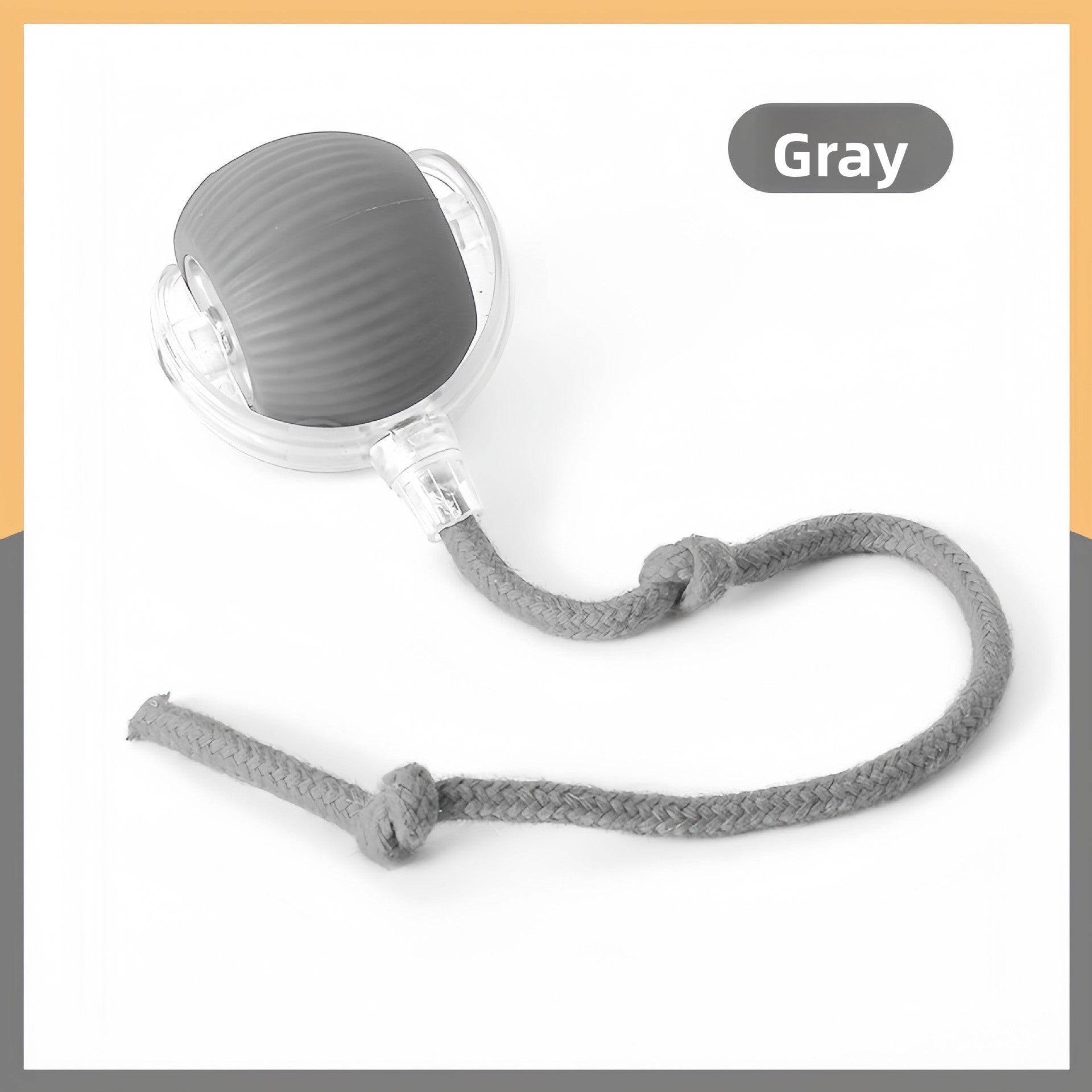 Grey silicone rolling cat ball with a knotted grey rope tail, labelled as the grey colour option