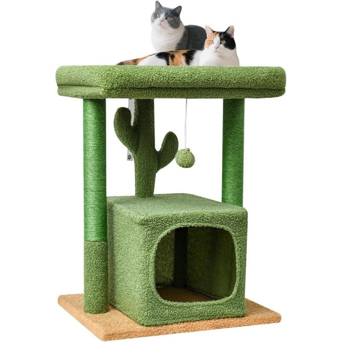 Pink cat tree with scratching posts, perch, condo, and ball