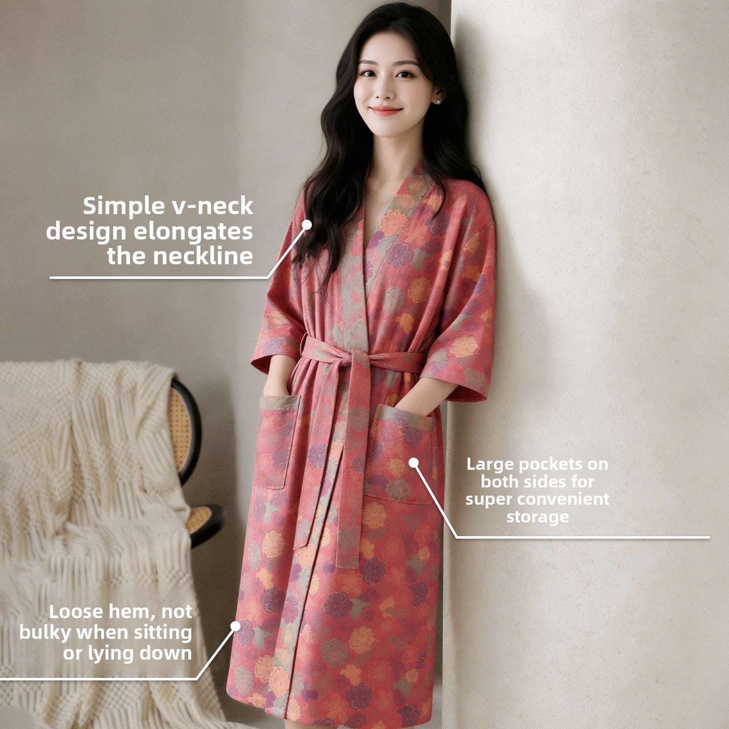 Cotton gauze robe laid flat to show the belt, pockets and full length