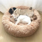 A dog and a cat resting together in a round plush pet bed with a raised rim