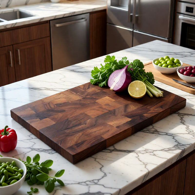 Walnut cutting board on a marble kitchen counter with fresh herbs, red onion, and lime