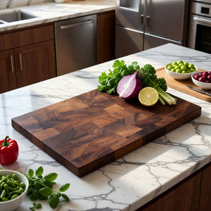 Walnut cutting board on a marble kitchen counter with fresh herbs, red onion, and lime
