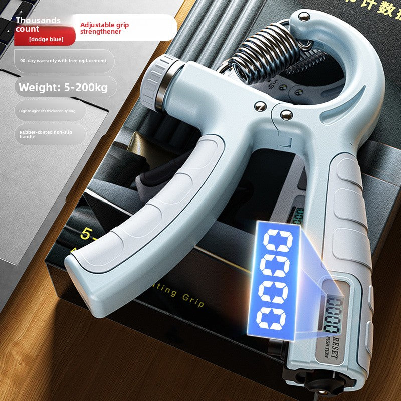Adjustable grip strength trainer product view with counter and adjustment dial