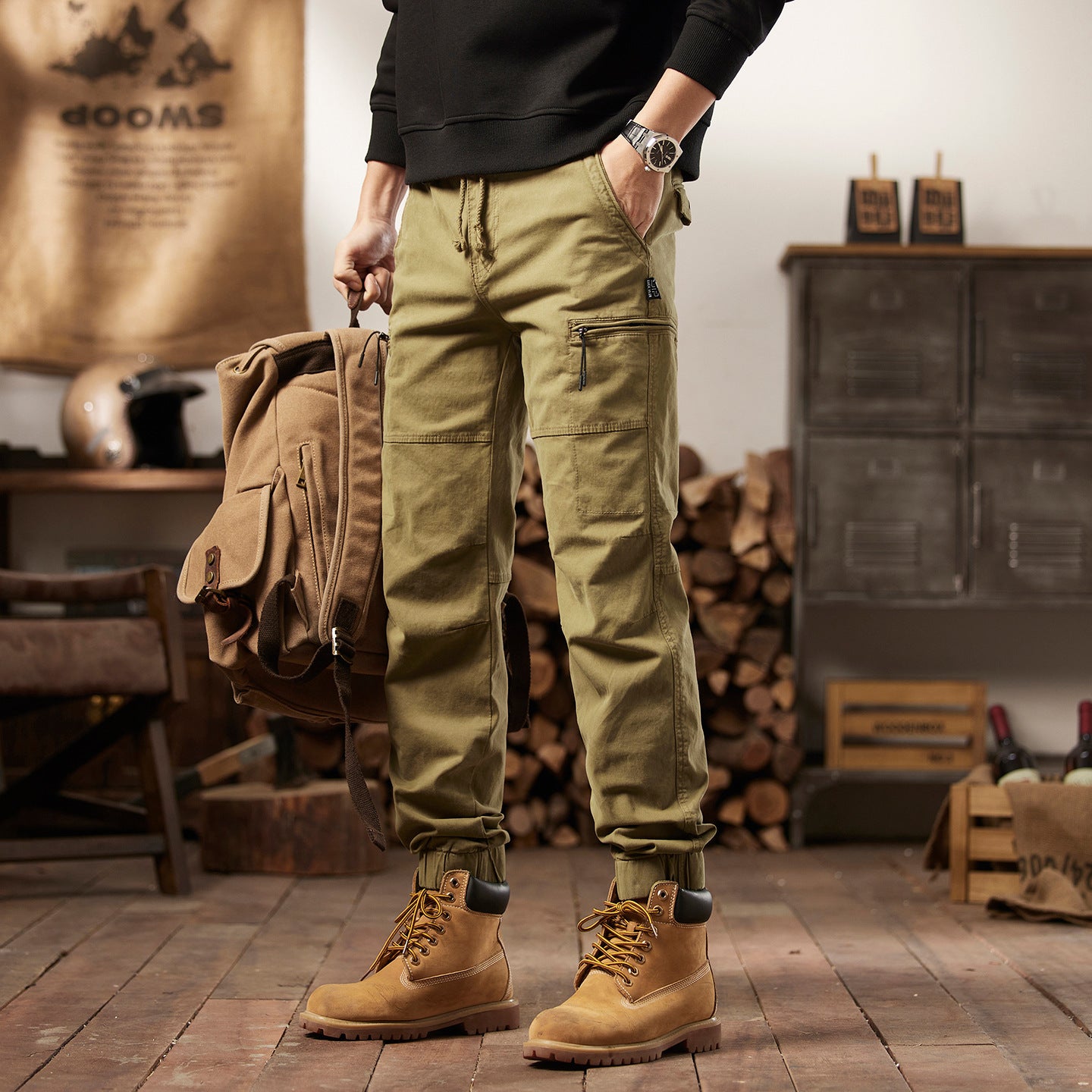 Reference shot showing the cargo pant leg and pocket layout