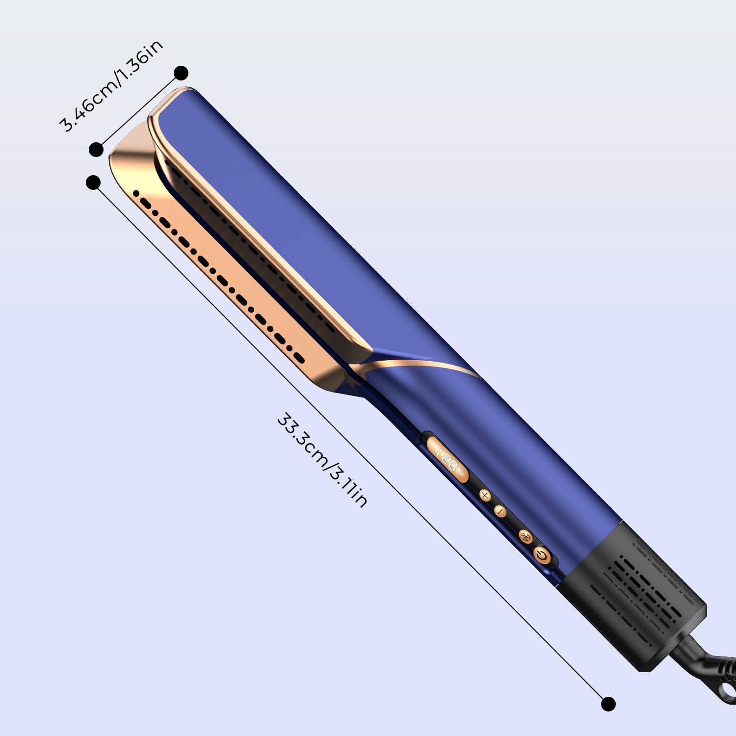 Blue hair straightener diagram marking 33.3 cm length and 3.46 cm plate width