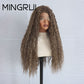 Front view of a 26 inch curly brown lace front wig with light highlights on a mannequin head