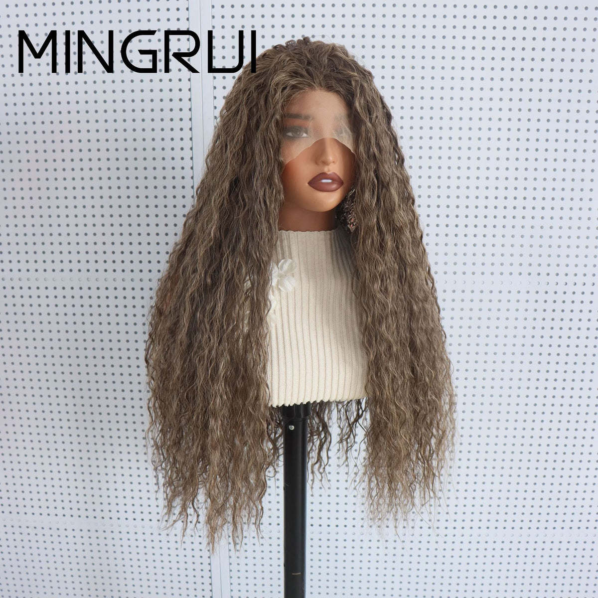 Front view of a 26 inch curly brown lace front wig with light highlights on a mannequin head