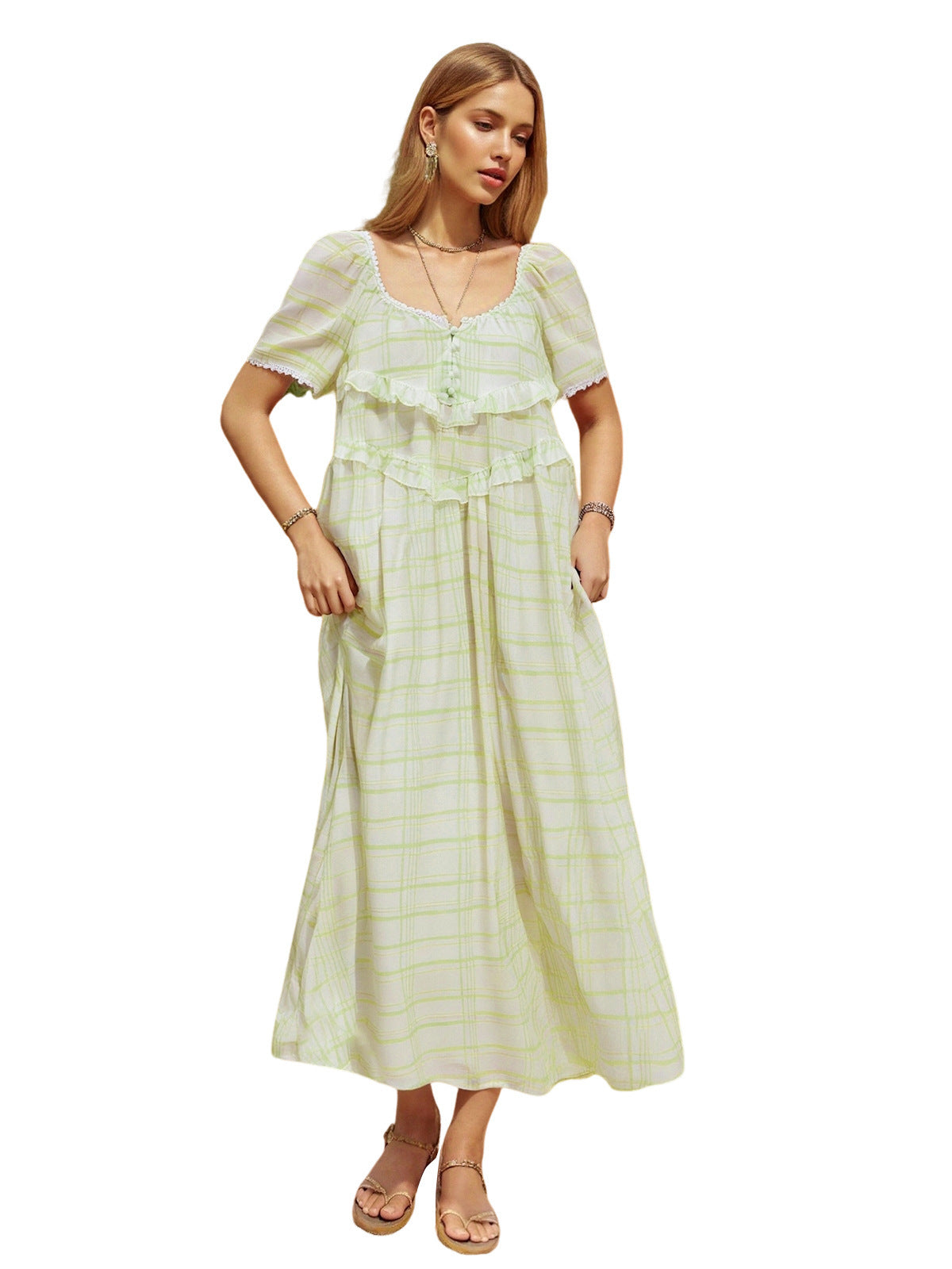 Lifestyle styling of the cinched dress at a slow lunch outdoors