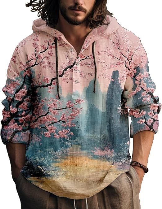 Hooded henley shirt, pink shirt with cherry blossoms over a misty lake, size S
