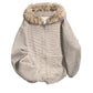 Cream striped hooded zip cardigan with vegan fur hood trim shown flat on a white background